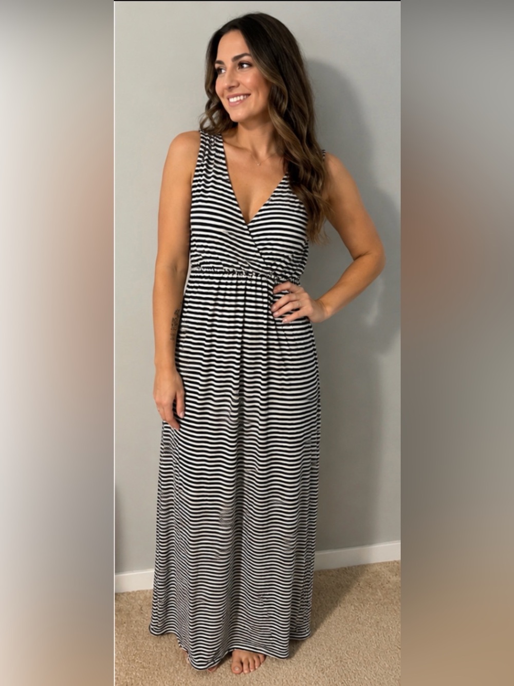 Striped V-Neck Sleeveless Maxi Dress - Black & White